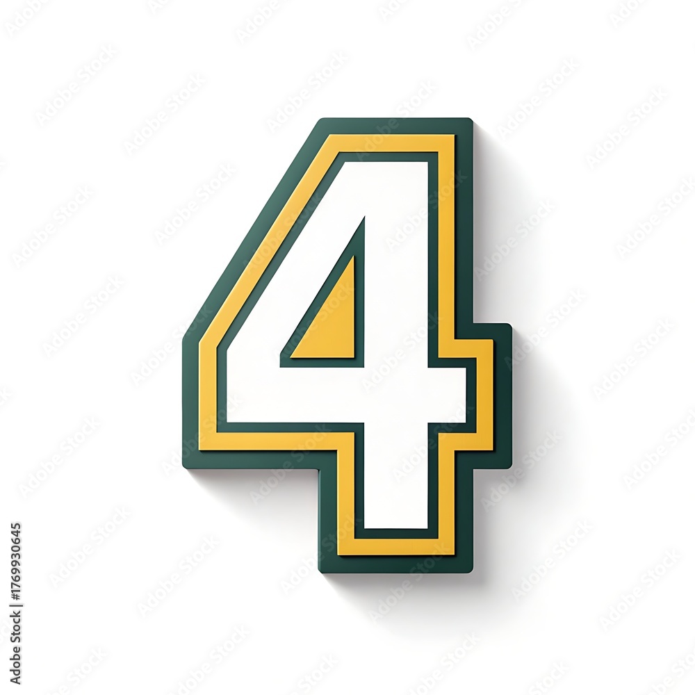 Obraz premium Bold white number four with yellow and dark green outline