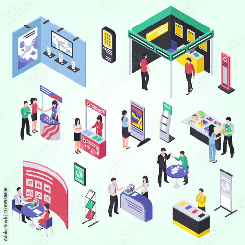 Isometric Detailed Trade Show Exhibition Booth Display Stand with People