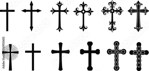 Christian cross symbols collection, religious icon set, ornate decorative crosses, simple modern cross designs, faith spirituality icons, Christianity graphic illustration