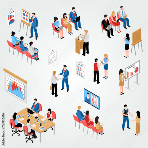 Isometric Presentation Meeting Conference and Business Training Event Illustration