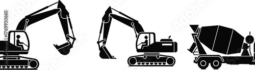 Construction vehicles silhouette, excavator, digger, concrete mixer truck, heavy machinery, industrial equipment, building tools, construction site, 