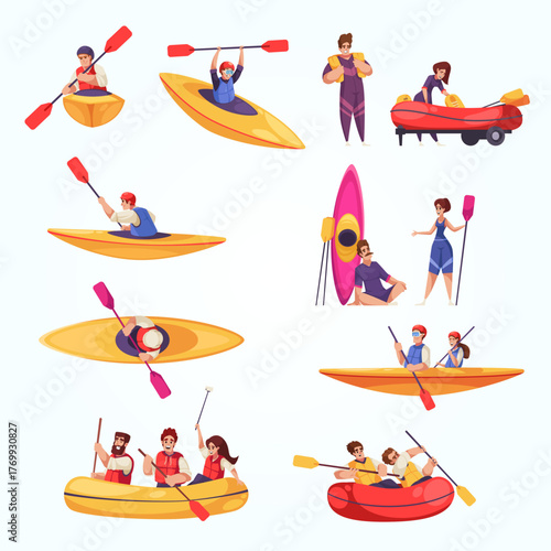 Cartoon Style People Enjoying Summer Water Sport Activity Kayaking and Rafting Illustration