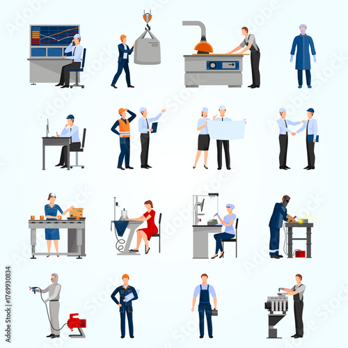 Flat Style Detailed Illustration of Industrial Workers in Various Professions