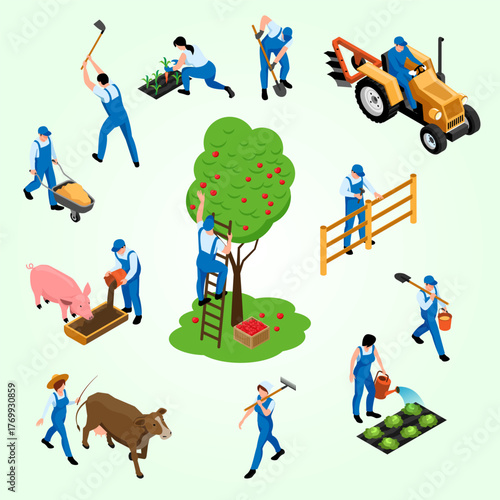 Isometric Detailed Farming Activities Scene with People, Animals, and Equipment