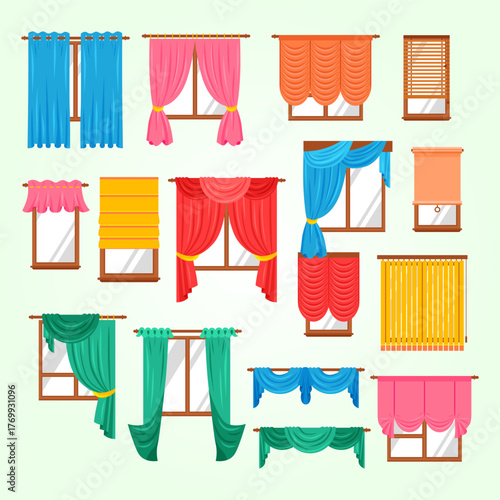 Flat Style Assorted Curtain Style and Color Collection Illustration