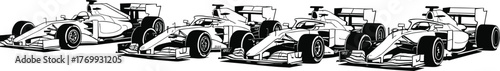 Formula 1 race cars lineup illustration, detailed black and white drawing, aerodynamic design, motorsport concept, professional automotive sketch, competitive racing artwork