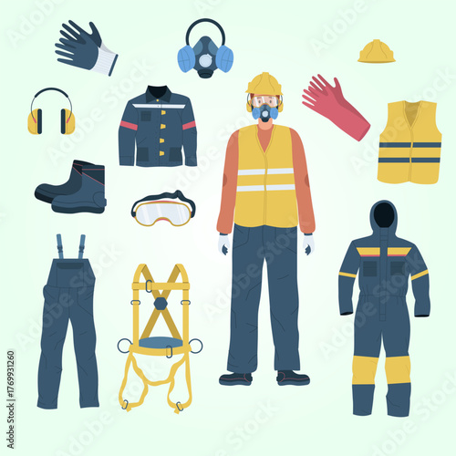 Detailed Flat Lay Illustration of Workwear and Safety Equipment for Workers