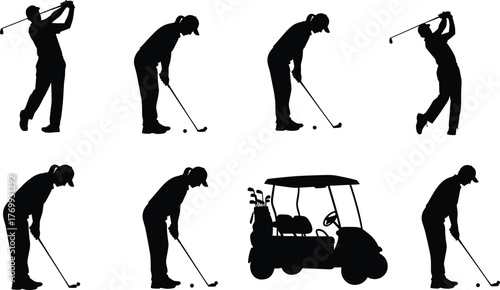 Golf player silhouettes, golf swing stages, golfer action poses, golf cart illustration, sports training vector, athletic movement, outdoor recreation design