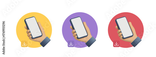 3D set of hands holding smartphone on colorful, bright circles. Icons, Mockups for app advertising, media, communication, web design. Vector illustration.