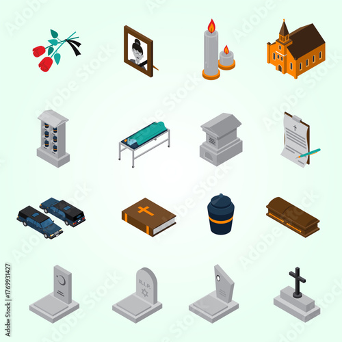 Isometric Flat Style Death And Funeral Ceremony Icon Element Collection