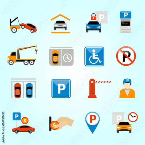Flat Design Colorful Car Parking Elements and Sign Symbol Icon Set