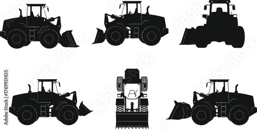 Front end loader silhouette, construction vehicle icon, heavy machinery design, industrial equipment illustration, engineering blueprint, black tractor graphic, building industry symbol