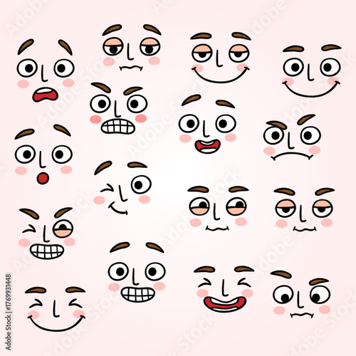 Cute Cartoon Style Expression Face Emotion Set with Different Moods