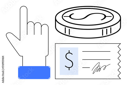 Raised hand gestures upward, next to a coin and signed receipt. Ideal for payment, finance, transaction, investment, business, agreement accounting. Represents simple flat metaphor