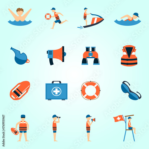 Flat Design Detailed Lifeguard Activity and Equipment Icon Illustration Set