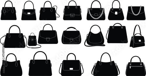 Handbag silhouettes, fashion accessories, tote bag, crossbody purse, shoulder bag, satchel design, women’s fashion, stylish bags, vector illustration, black 