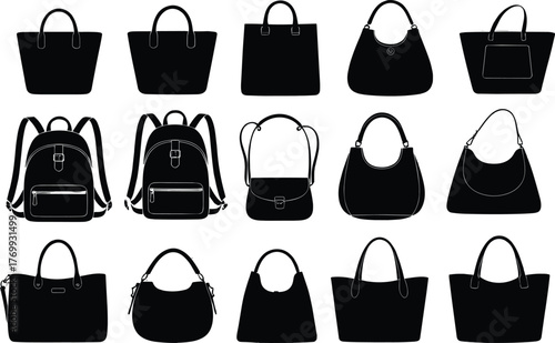 Handbag silhouettes, backpack icons, tote bag collection, fashion accessories, shoulder bag design, purse shapes, vector illustration, black outline, isolated set