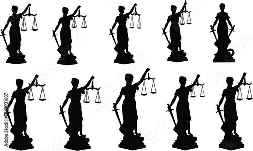 Lady Justice statue silhouettes, law and justice symbols, legal balance scales, sword of justice, fairness, equality, court, legal system illustration