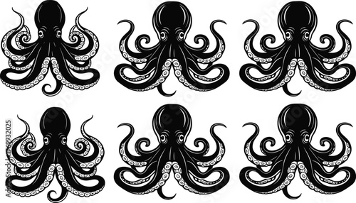 Octopus illustration, marine animal drawing, underwater sea creature, black and white sketch, tentacle artwork, ocean wildlife design, aquatic graphic, nautical art