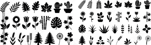 A vast assortment of black silhouette icons showcases a wide variety of plants, including different leaves, flowers, cacti, and trees. 