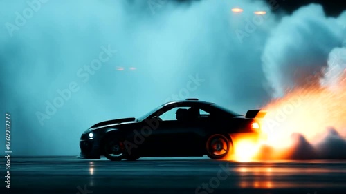 Black car drifting in smoke at night with lights