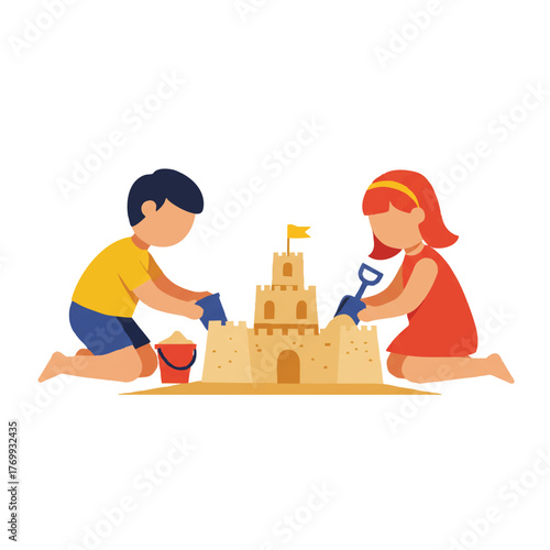 Two happy children making creative sand sculptures using buckets and shovels on a summer beach, presented in a simple flat 2D minimalistic vector illustration style on a clean white background.