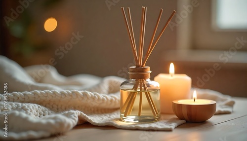 Scented oil diffuser with stick fragrance, knitted detail, and candle light created with generative ai