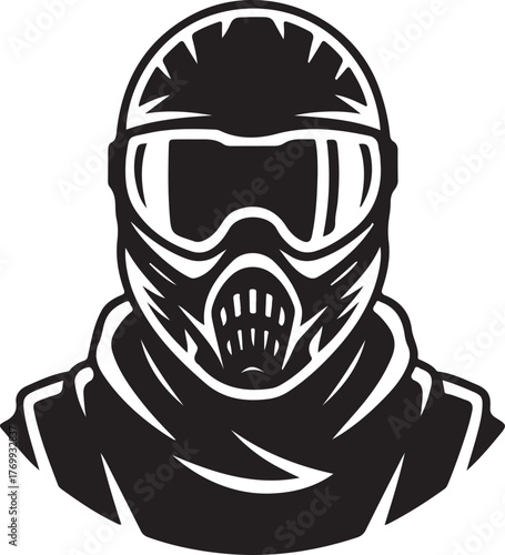 Black and white graphic logo of a person wearing a helmet and goggles icon symbol