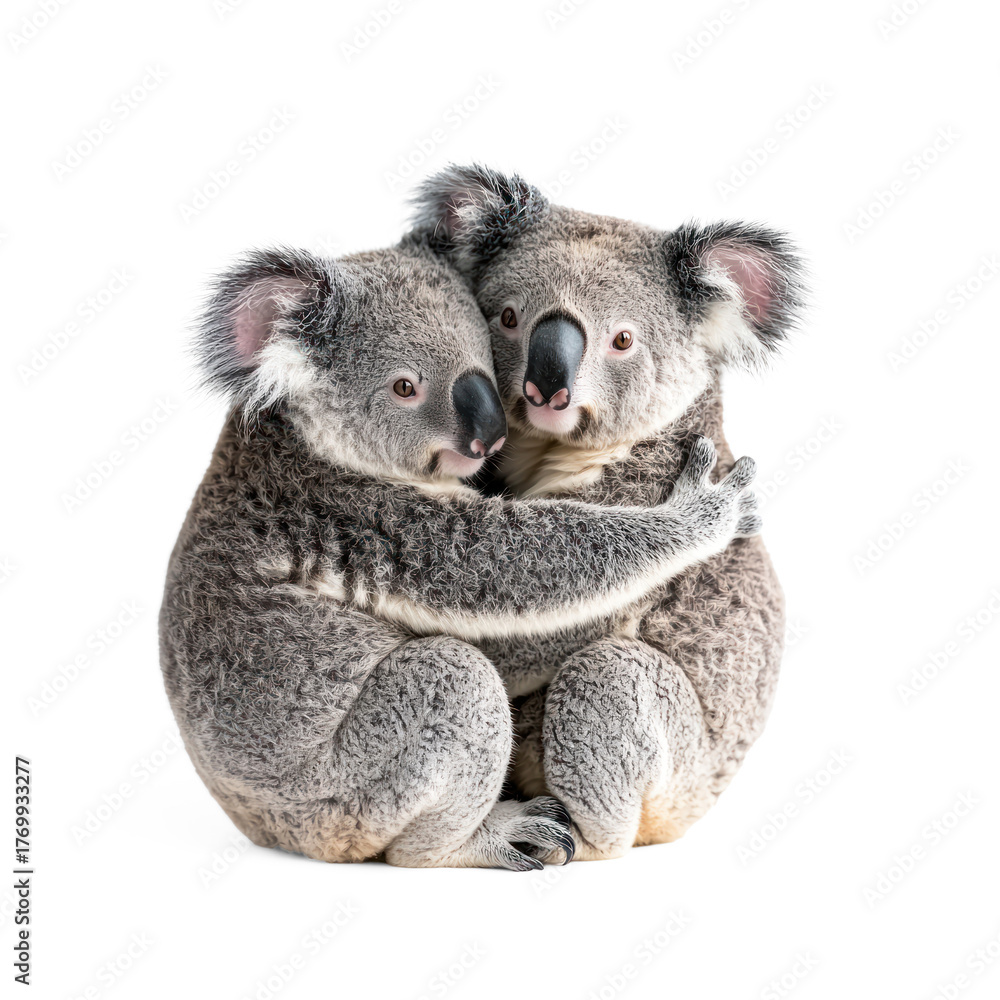 Fototapeta premium Koala interacting Two koalas sit close together or gently touch each other. full length isolate on transparent background