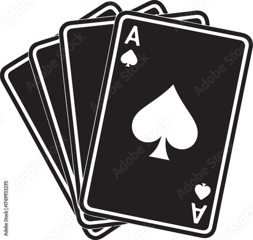 Black and white illustration of four playing cards fanned out with ace of spades prominent