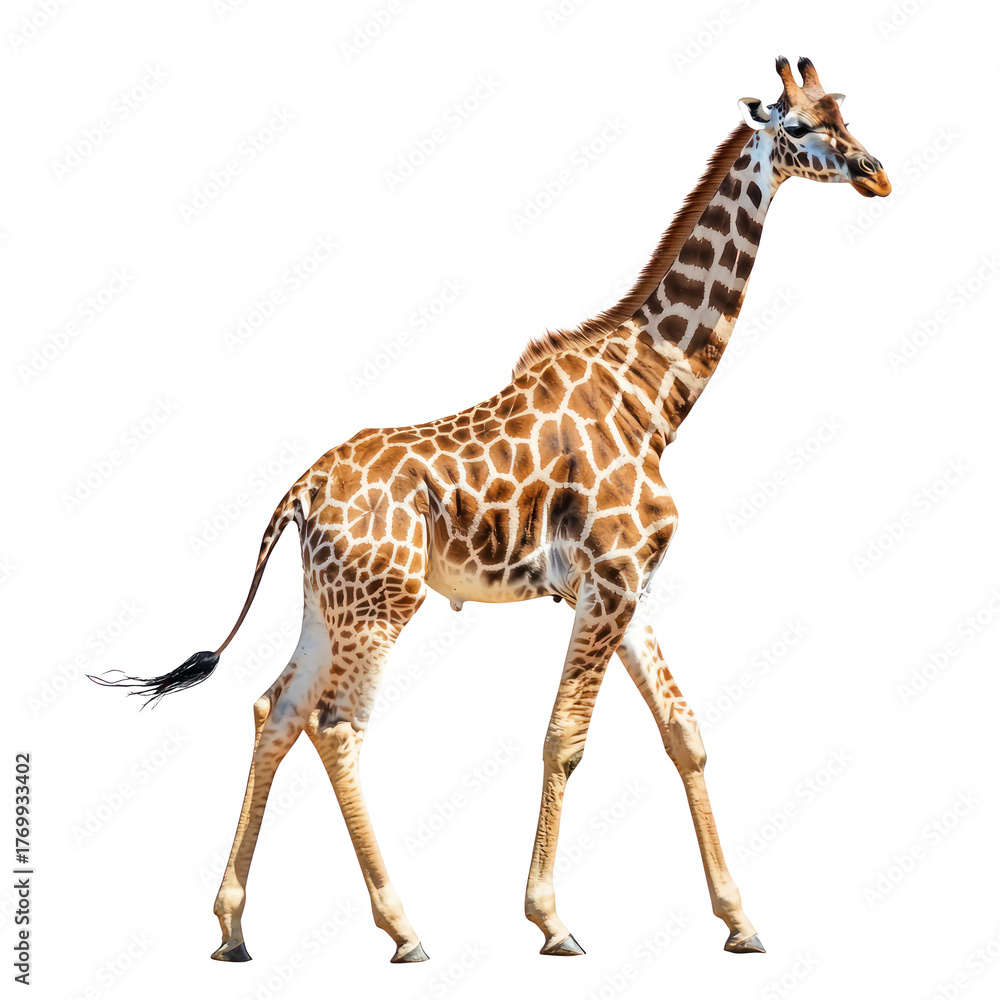 Naklejka premium Giraffe walking A giraffe moves gracefully with long strides and neck swaying. full length isolate on transparent background