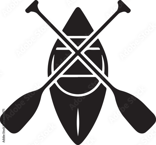 Black and white minimalist graphic of a canoe and crossed paddles kayak boat