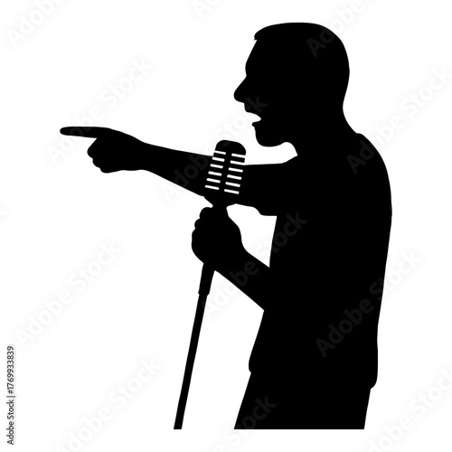 Silhouette of singer pointing to wrong side of audience – awkward moment vector with transparent background 