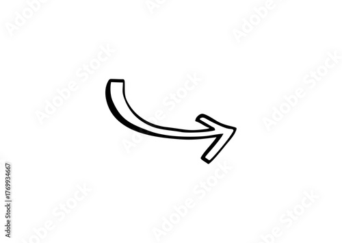 A black and white hand-drawn curved arrow pointing to the right, sketched with an outline and a 3D effect, suggesting a turn, download, or a redirect action.
