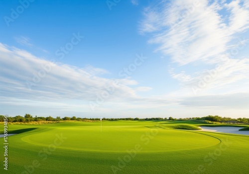 Wide, clean, brightly lit golf course green under a perfect blue sky with soft white clouds.