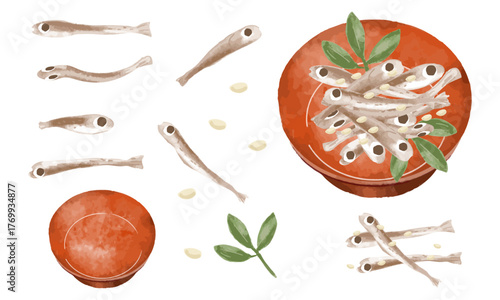 水彩の田作り ごまめ おせち料理 和食 魚 イラスト セット