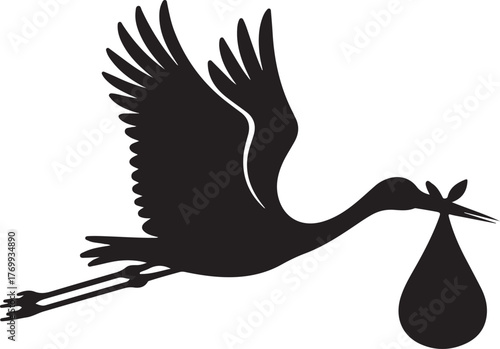 Black silhouette illustration of a stork flying with a bundle in its beak white bird