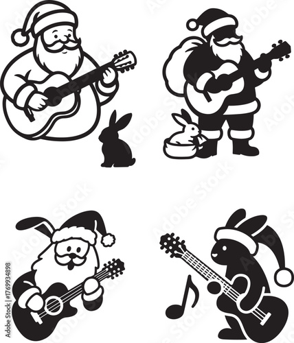 Whimsical Rabbit Rockabilly Christmas Band, A festive illustration of a cartoon bunny wearing a Santa hat and winter coat guitars with star designs