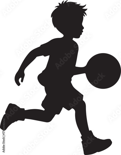 Black silhouette illustration of a young boy dribbling a basketball and running vector