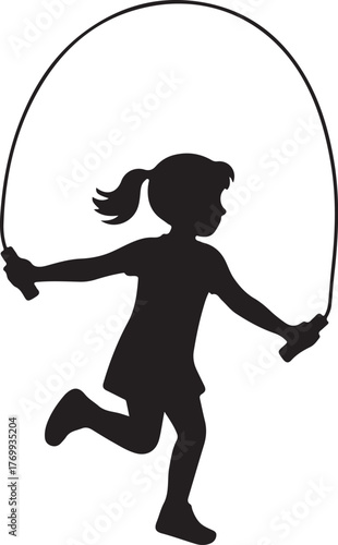 Black silhouette illustration of a young girl with a ponytail jumping rope child