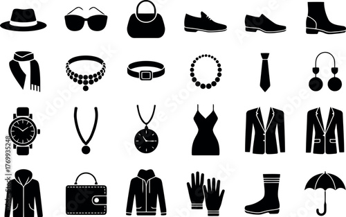 A comprehensive collection of fashion items, including various accessories and clothing pieces, is presented as crisp black silhouette icons. 