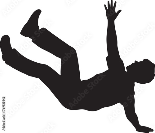 Black silhouette of a person falling with arms outstretched against a white background