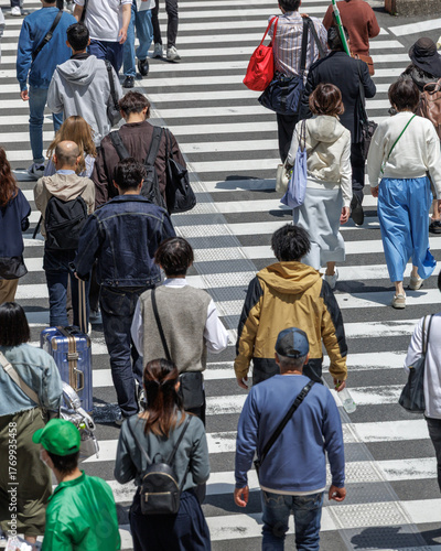 Crowded urban crosswalk filled with diverse mix of pedestrians dressed for cool weather, carrying bags and pulling suitcases. Scene highlights daily city life and movement in  public space.