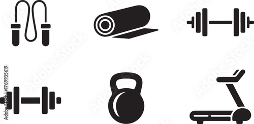 Set of six black and white fitness equipment icons including jump rope dumbbells yoga mat kettlebell and treadmill