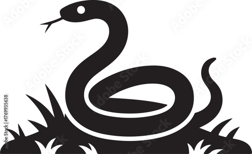 Minimalist black and white illustration of a coiled snake with forked tongue in grass