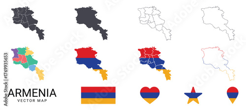 armenia vector map set with flag icons outlines regions and shapes