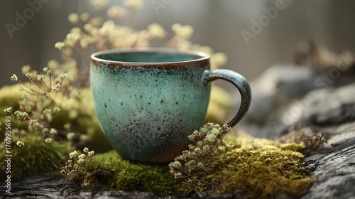 Wallpaper Mural Rustic ceramic beverage container rests nestled among vibrant green moss outdoors Torontodigital.ca