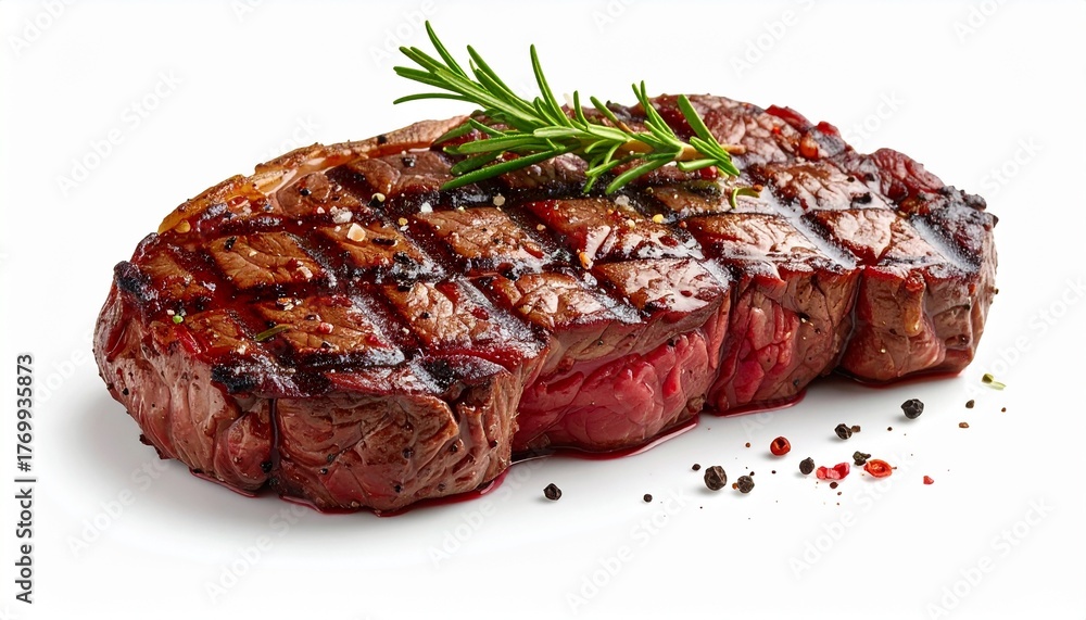 Fototapeta premium Grilled Beef Steak with Rosemary Sprig on White Background Close Up