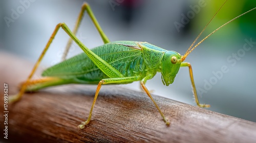 Brilliant green insect perches attentively upon a natural wooden surface.