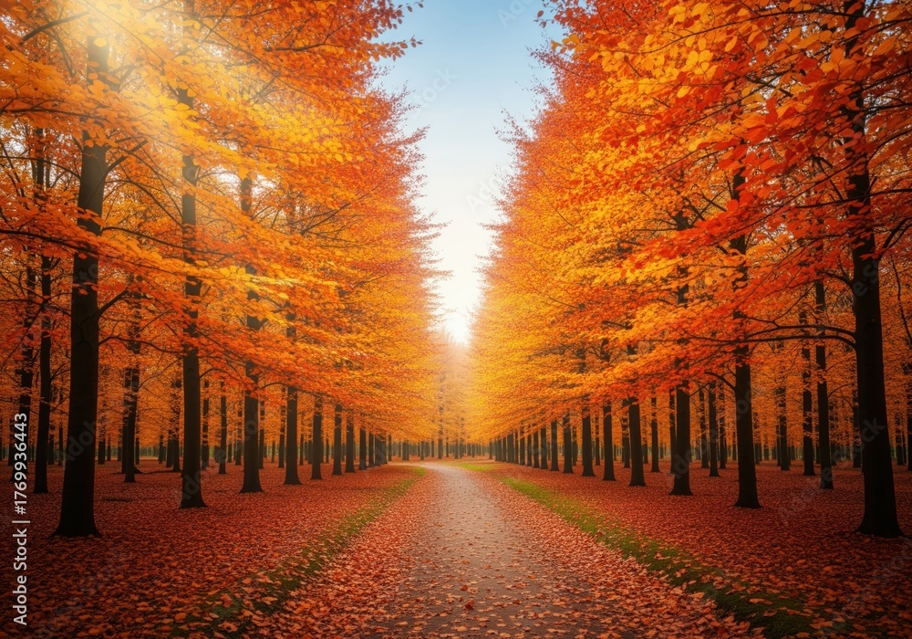 Naklejka premium Idyllic autumn forest path lined with tall trees displaying brilliant orange foliage.